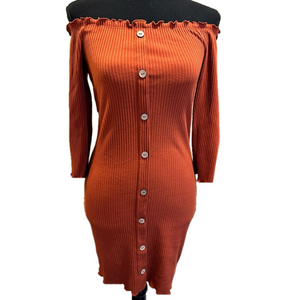IRIS BARDOT BURNT ORANGE RIBBED BUTTON DOWN MINI DRESS